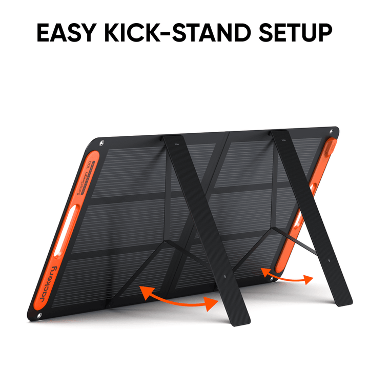 Jackery SolarSaga 100W solar panel showing black photovoltaic cells and durable frame, designed for outdoor solar energy collection.