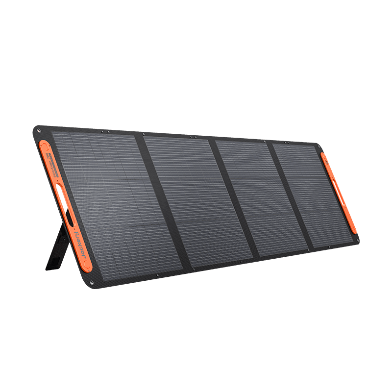 Jackery SolarSaga 200W portable solar panel, outdoor use, black and silver design with multiple solar cells for renewable energy production