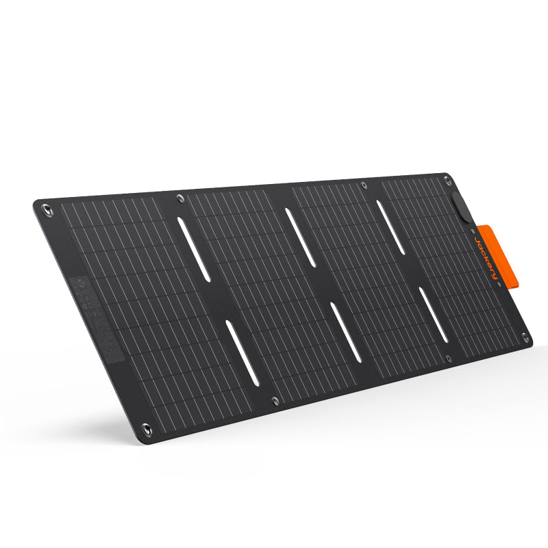 Jackery SolarSaga 40W Mini Solar Panel showing portable solar panel with multiple adjustable solar cells for outdoor charging.