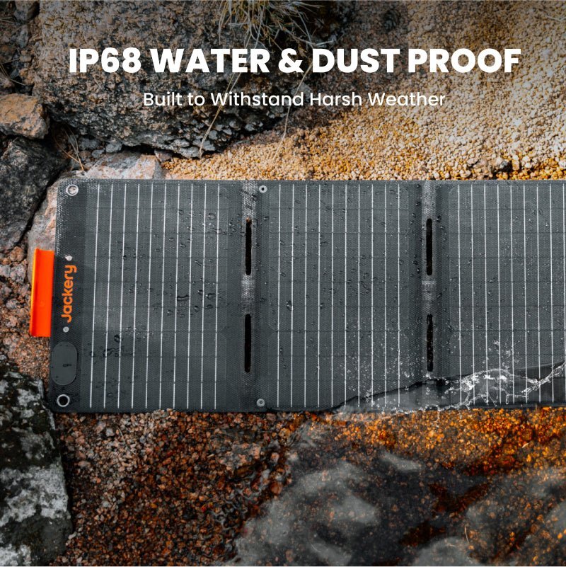 Jackery SolarSaga 40W Mini Solar Panel outdoors, showing portable solar panel with adjustable stand and compact design.