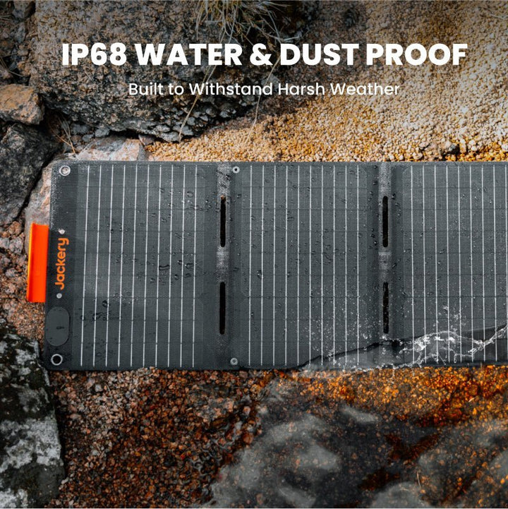 Jackery SolarSaga 40W Mini Solar Panel outdoors, showing portable solar panel with adjustable stand and compact design.
