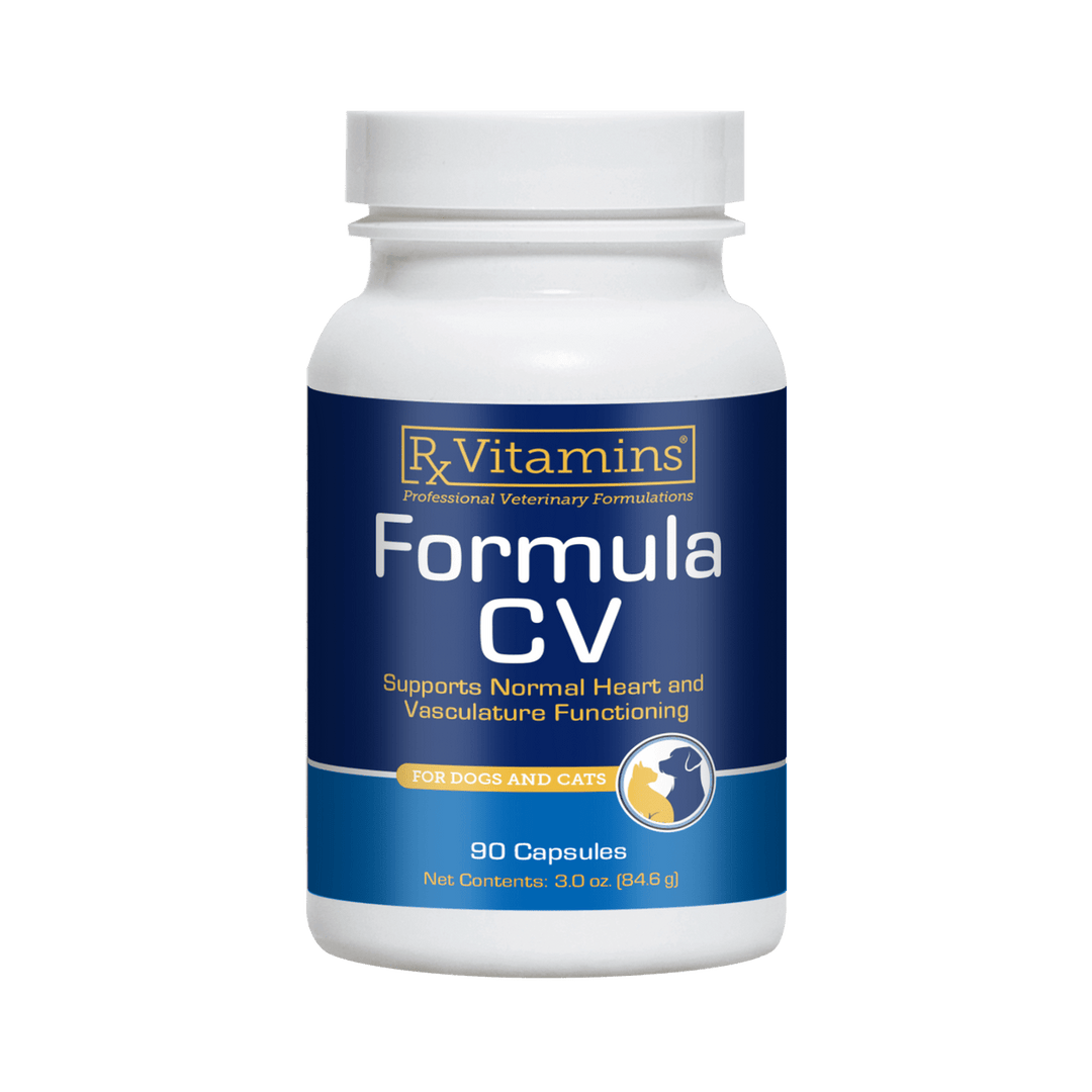 MHP Rx Vitamins for Pets Formula CV Cardiovascular Support supplement in a bottle of 90 capsules for cats and dogs.