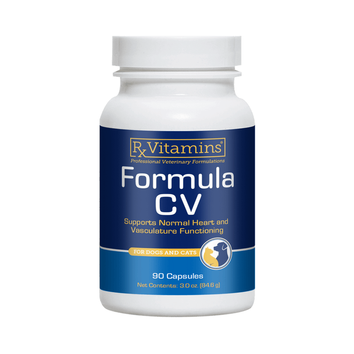MHP Rx Vitamins for Pets Formula CV Cardiovascular Support supplement in a bottle of 90 capsules for cats and dogs.