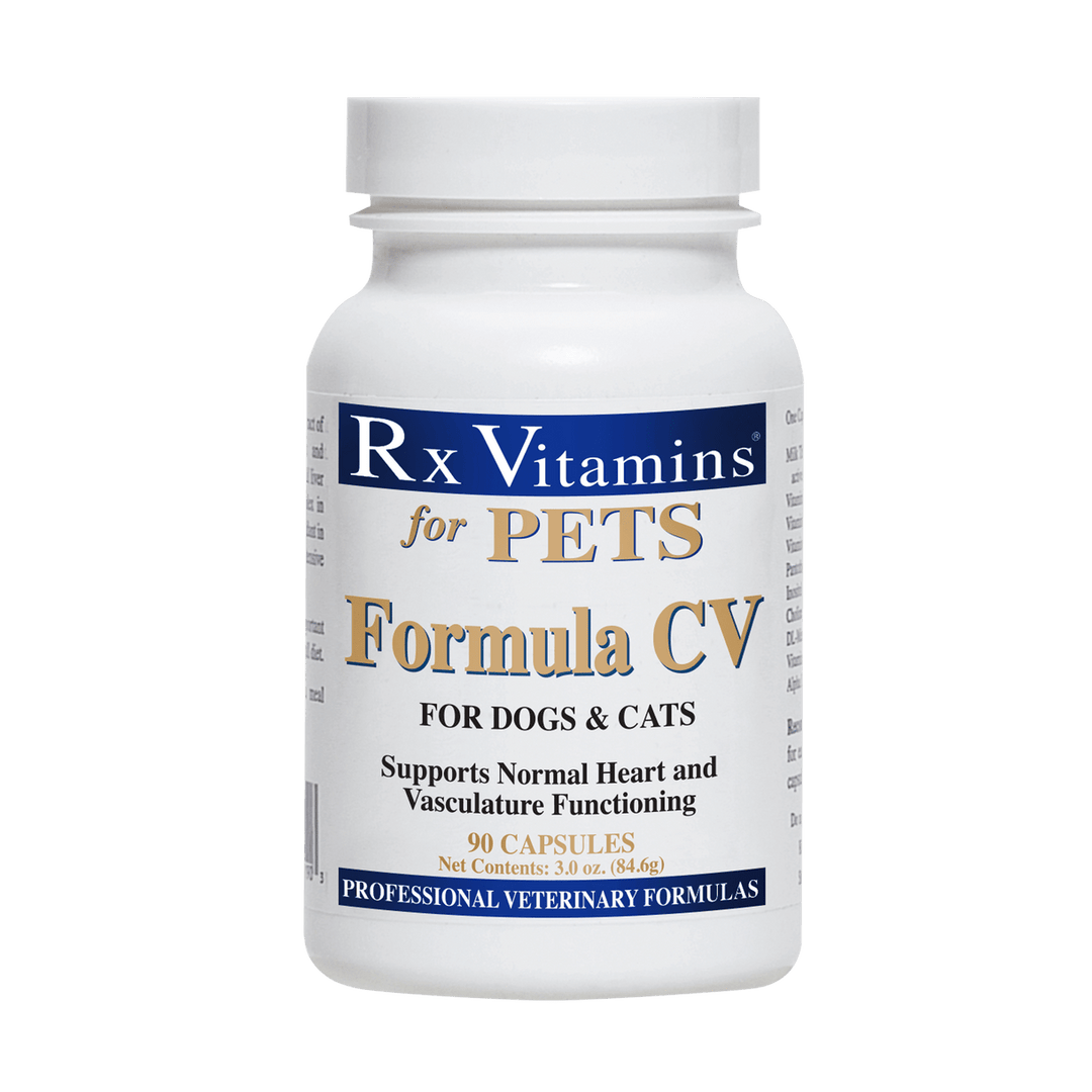 MHP Rx Vitamins for Pets Formula CV cardiovascular support supplement in 90 capsules for cats and dogs, aiding heart health.