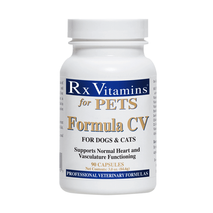 MHP Rx Vitamins for Pets Formula CV cardiovascular support supplement in 90 capsules for cats and dogs, aiding heart health.