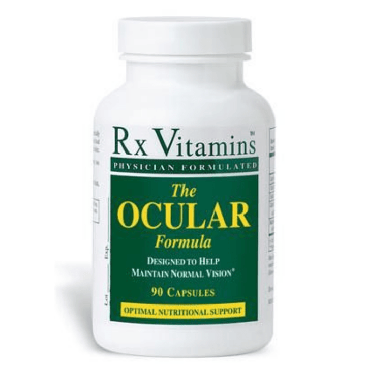 MHP Rx Vitamins for Human Ocular Formula 90 capsules for eye health support, featuring supplement bottles with label and capsules.