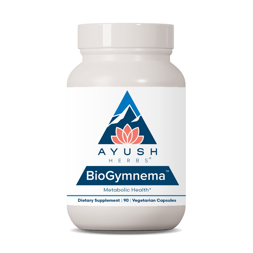 Ayush Herbs BioGymnema dietary supplement in 90 vegetarian capsules for metabolic health support by MHP.