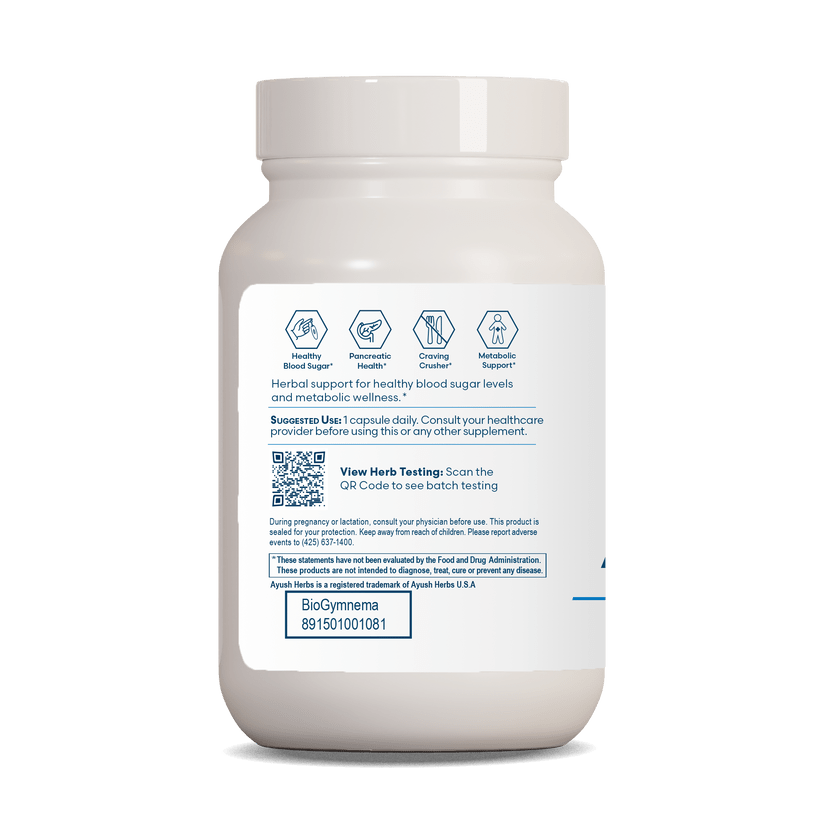 Ayush Herbs BioGymnema dietary supplement in 90 vegetarian capsules, supporting metabolic health with 500mg per cap.