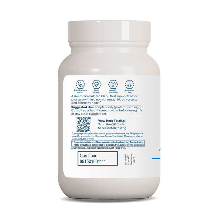 Ayush Herbs Carditone dietary supplement by MHP with 60 vegetable caplets for heart and blood pressure support.