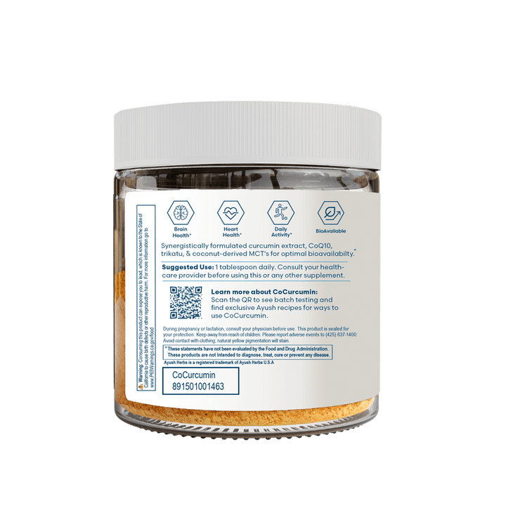 Ayush Herbs CoCurcumin Coconut Flavored Drink Mix powder by MHP, dietary supplement in 150g jar with coconut flavor and turmeric blend.