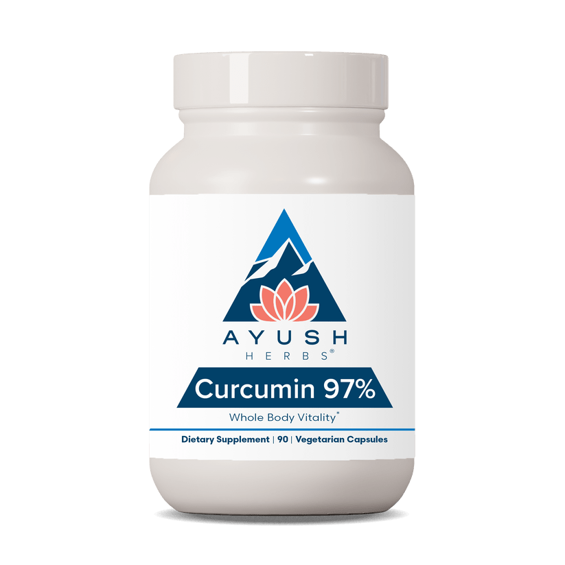 Ayush Herbs Curcumin 97% dietary supplement in 90 vegan capsules for boosting body vitality, by MHP.