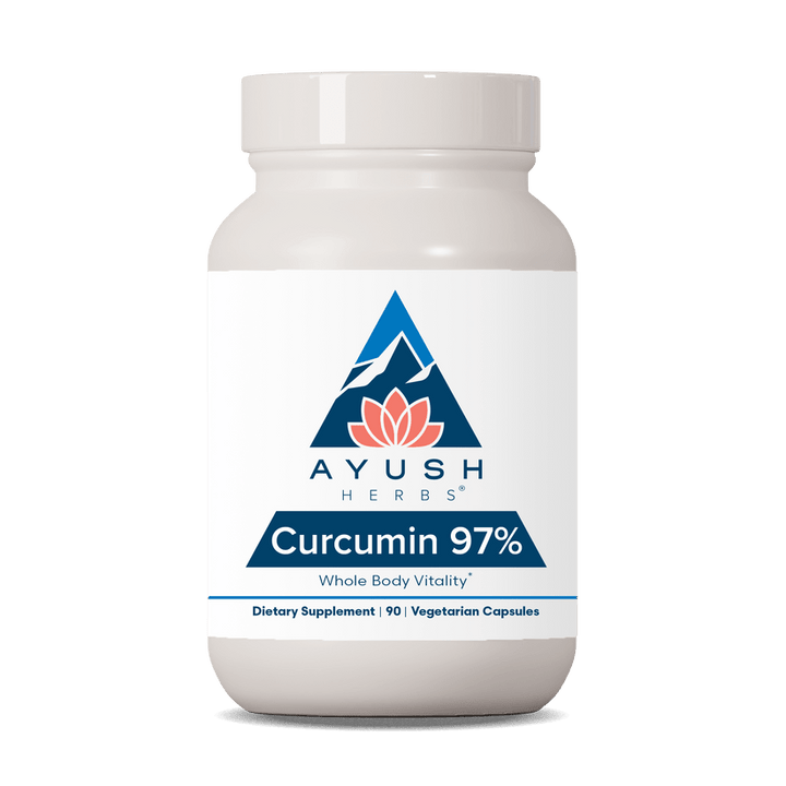 Ayush Herbs Curcumin 97% dietary supplement in 90 vegan capsules for boosting body vitality, by MHP.