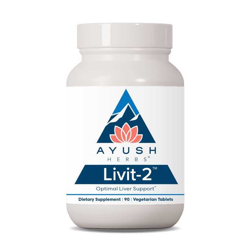 Ayush Herbs Livit-2 natural liver support dietary supplement from MHP, 90 vegetarian tablets showing the bottle and label.