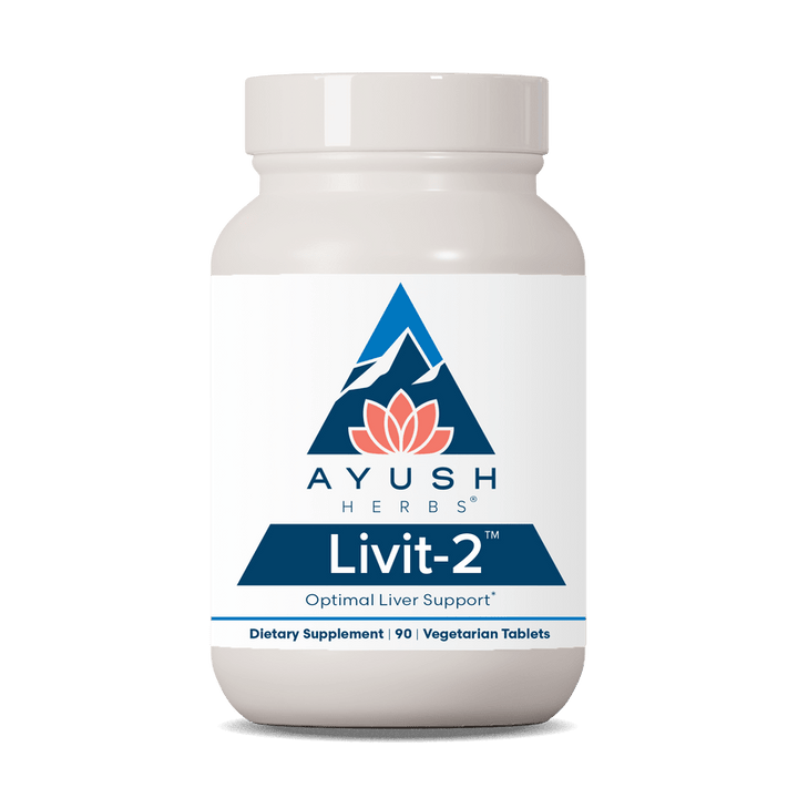 Ayush Herbs Livit-2 natural liver support dietary supplement from MHP, 90 vegetarian tablets showing the bottle and label.