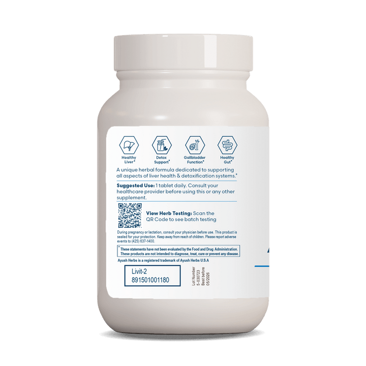 Ayush Herbs Livit-2 liver support dietary supplement from MHP with 90 vegetarian tablets, 500mg each for daily liver health.