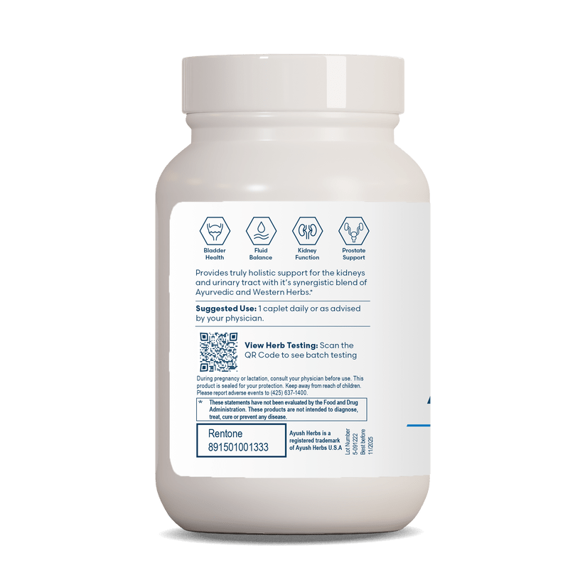 Ayush Herbs Rentone Urinary Tract Kidney Support supplement bottle showing product details and usage instructions.