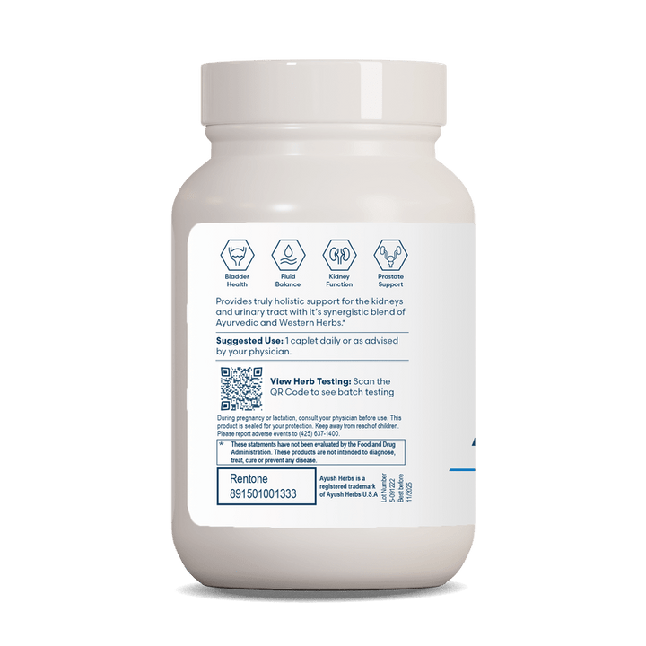 Ayush Herbs Rentone Urinary Tract Kidney Support supplement bottle showing product details and usage instructions.