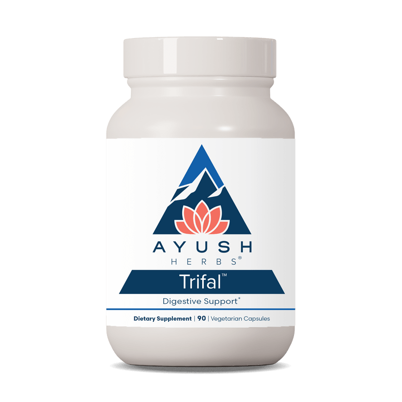 Ayush Herbs Trifal dietary supplement by MHP in a bottle of 90 vegetarian capsules for digestive and antioxidant support.