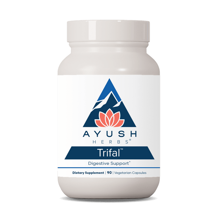 Ayush Herbs Trifal dietary supplement by MHP in a bottle of 90 vegetarian capsules for digestive and antioxidant support.