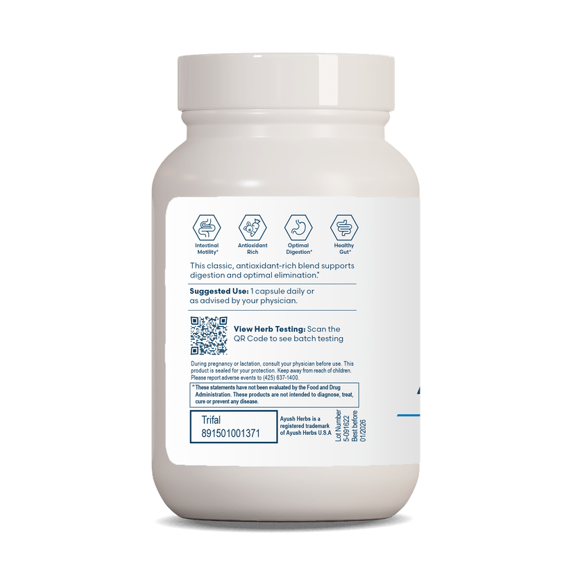 Ayush Herbs Trifal dietary supplement in 90 vegetarian capsules, supporting digestion and antioxidant health, by MHP.