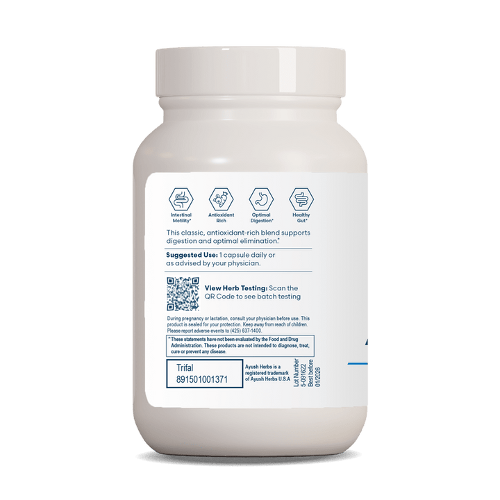 Ayush Herbs Trifal dietary supplement in 90 vegetarian capsules, supporting digestion and antioxidant health, by MHP.