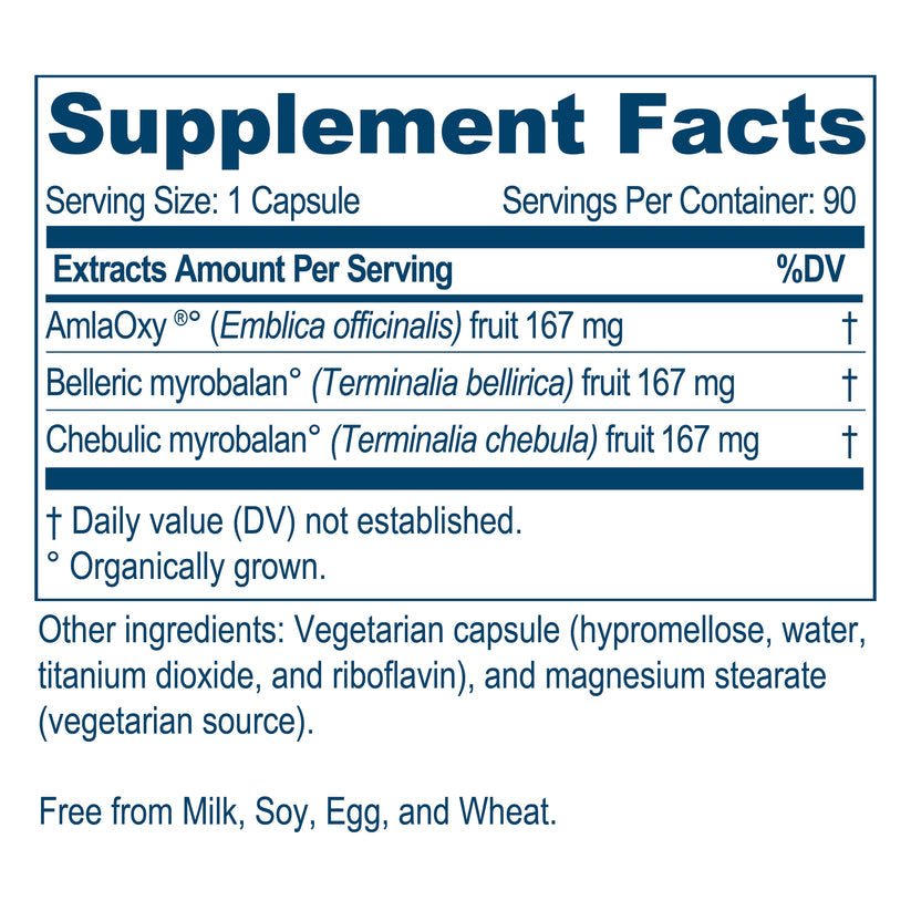 Ayush Herbs Trifal dietary supplement by MHP in a bottle of 90 vegetarian caps, supporting digestion and antioxidant health.