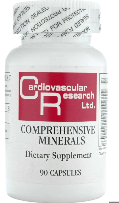 MHP Cardiovascular Research comprehensive minerals dietary supplement in 90 capsules, showing the supplement bottle and label.