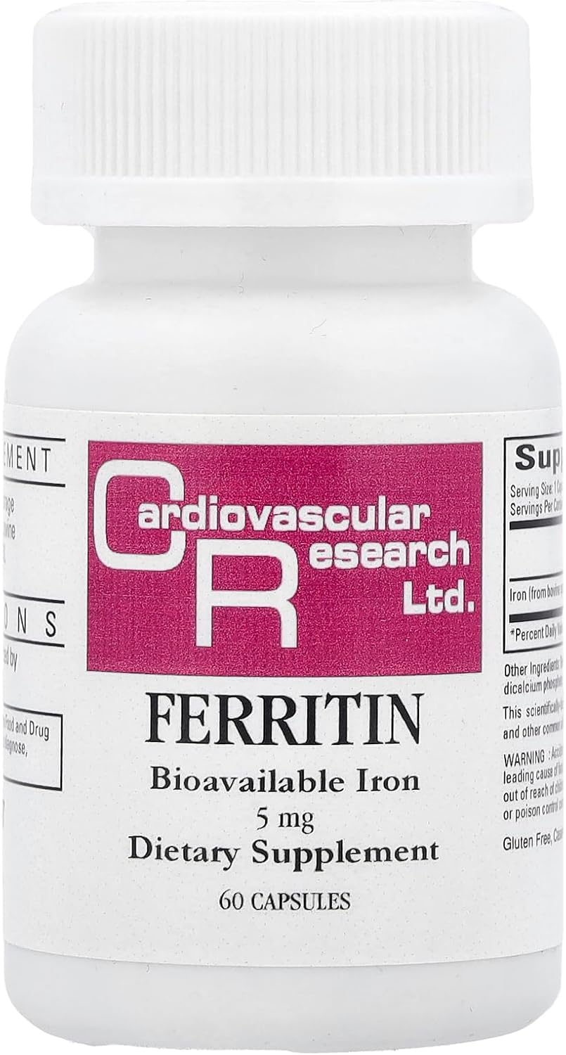 MHP Cardiovascular Research Ferritin Bioavailable Iron 5 mg dietary supplement capsules, 60-count bottle for iron support.