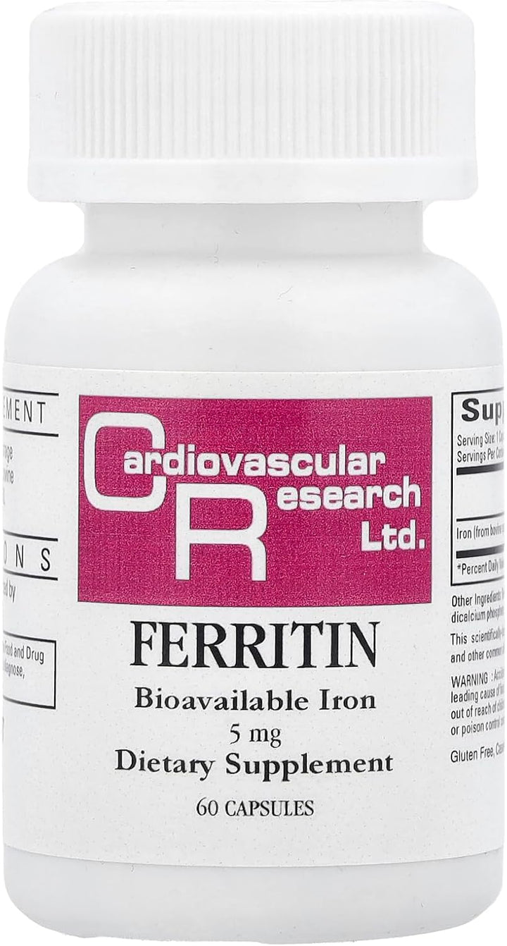 MHP Cardiovascular Research Ferritin Bioavailable Iron 5 mg dietary supplement capsules, 60-count bottle for iron support.