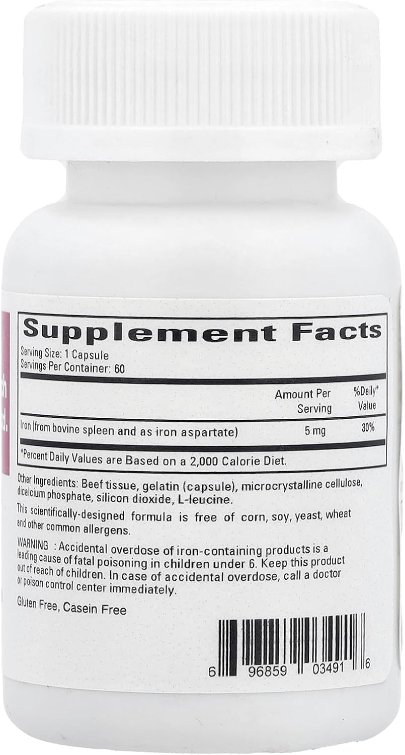 MHP Cardiovascular Research Ferritin Bioavailable Iron 5 mg dietary supplement capsules, 60-count bottle with supplement packaging.