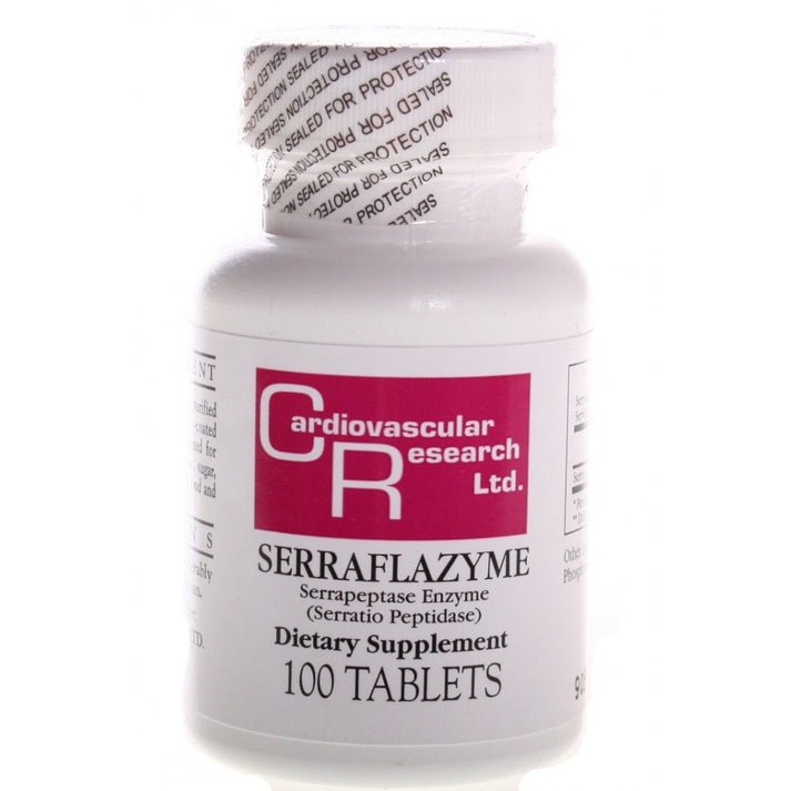 MHP Cardiovascular Research Serraflazyme serratiopeptidase enzyme supplement bottle with 100 tablets, dietary supplement for health support.