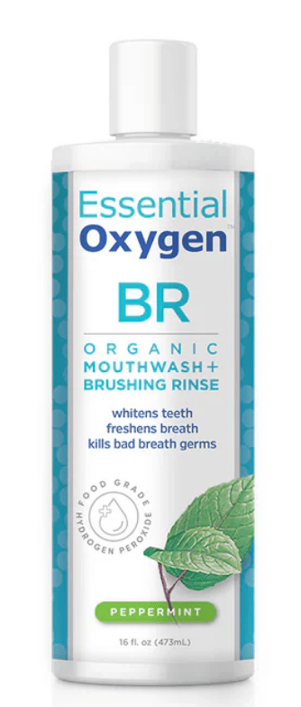 MHP Essential Oxygen Brushing Rinse 16oz dietary supplement bottle promoting fresh breath and oral health.