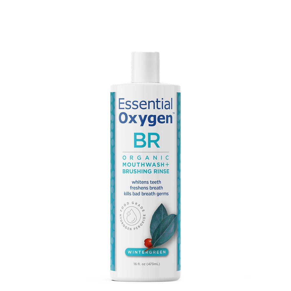 MHP Essential Oxygen Brushing Rinse 16oz dietary supplement bottle promotes fresh breath and oral health.