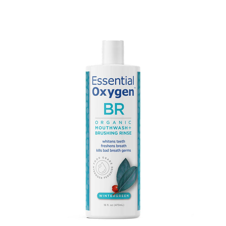 MHP Essential Oxygen Brushing Rinse 16oz dietary supplement bottle promotes fresh breath and oral health.