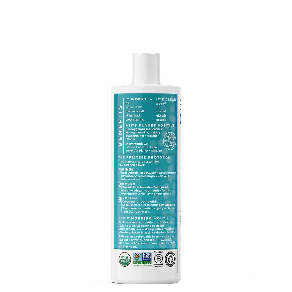 MHP Essential Oxygen Brushing Rinse 16oz dietary supplement bottle promoting fresh breath and oral health.