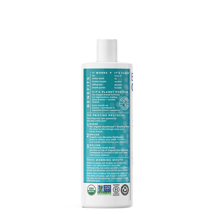 MHP Essential Oxygen Brushing Rinse 16oz dietary supplement bottle promoting fresh breath and oral health.
