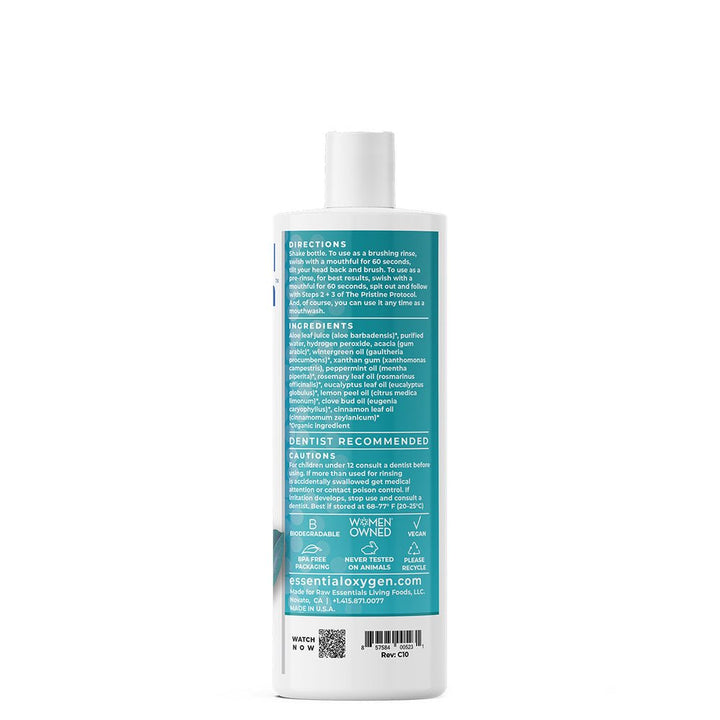 MHP Essential Oxygen Brushing Rinse 16oz dietary supplement bottle promoting fresh breath and oral health.
