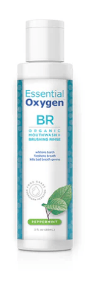 MHP Essential Oxygen Brushing Rinse 3 oz dietary supplement bottle promoting fresh breath and oral health.
