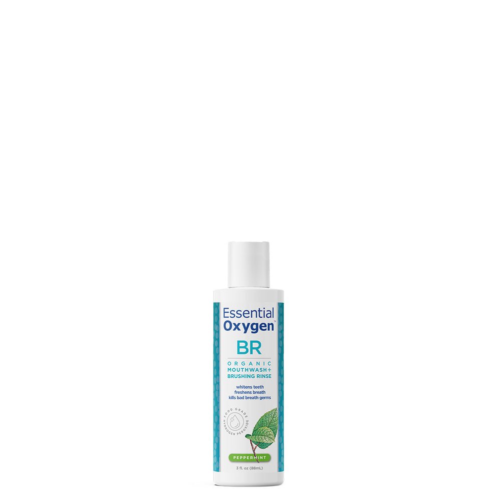 MHP Essential Oxygen Brushing Rinse 3 oz dietary supplement bottle promoting fresh breath and oral health, with label visible.