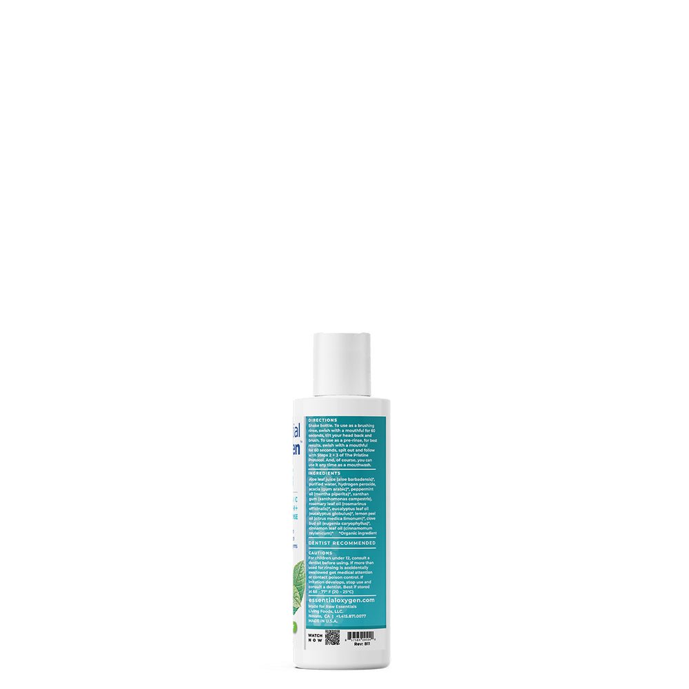 MHP Essential Oxygen Brushing Rinse 3 oz dietary supplement bottle promoting fresh breath and oral health.