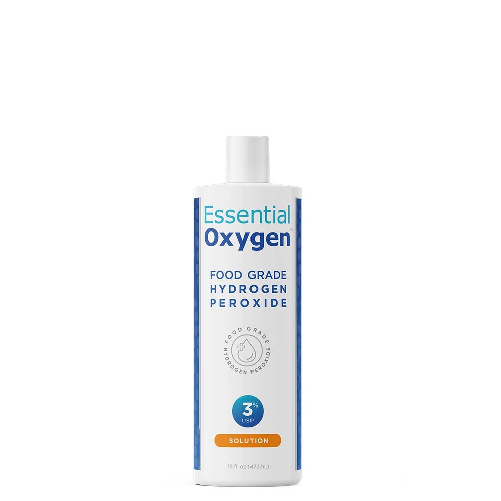 Essential Oxygen Food Grade Hydrogen Peroxide 16 oz bottle for oral hygiene and natural cleaning.