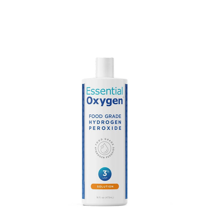 MHP Essential Oxygen Food Grade Hydrogen Peroxide 16 oz bottle, dietary supplement for oral hygiene and cleaning purposes.