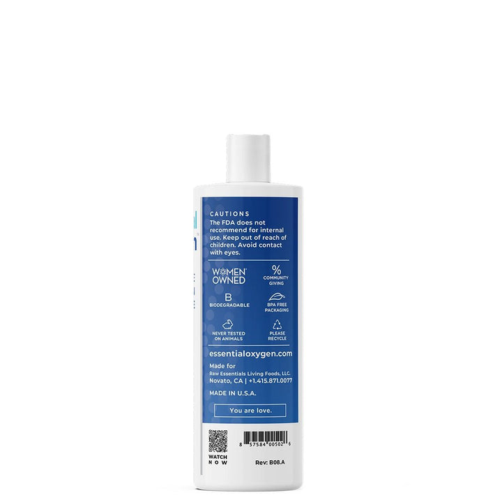MHP Essential Oxygen Food Grade Hydrogen Peroxide 16 oz bottle, dietary supplement for oral hygiene, clear liquid in a white bottle.