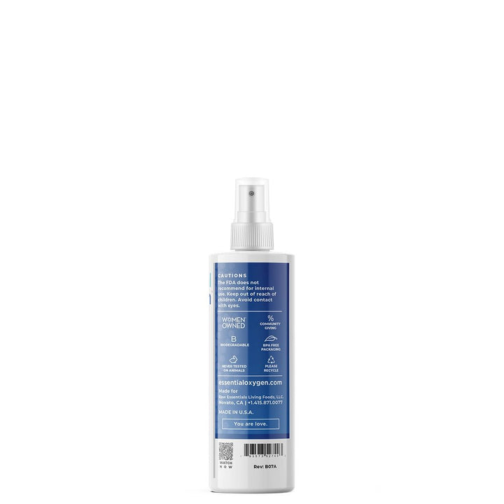 MHP Essential Oxygen Food Grade Hydrogen Peroxide Spray 8oz dietary supplement bottle, used for cleansing and disinfecting.