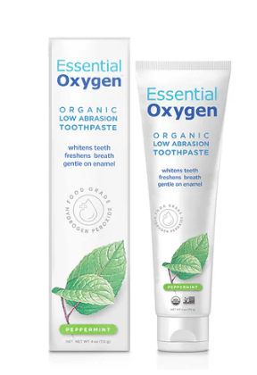 MHP Essential Oxygen Organic Low Abrasion Toothpaste in 4 oz tube, ideal for fresh breath and gentle cleaning.
