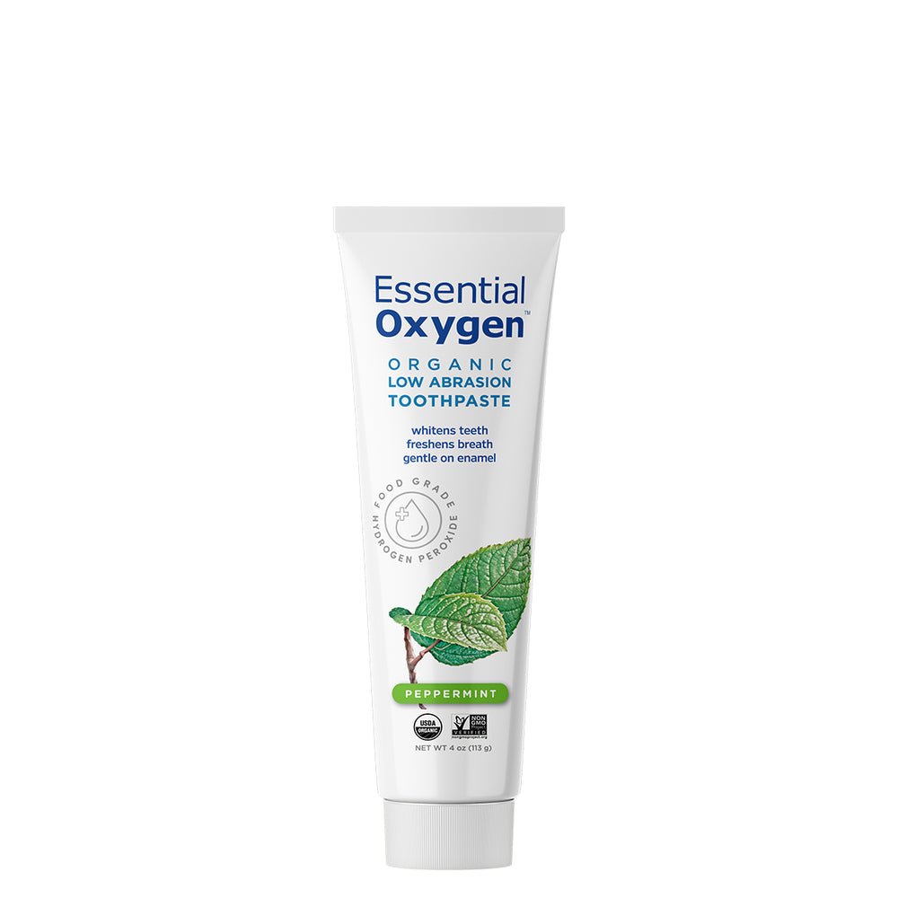 Essential Oxygen Organic Low Abrasion Toothpaste 4 oz tube with peppermint flavor for fresh breath.