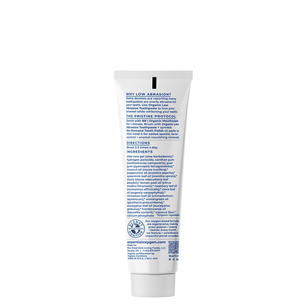 MHP Essential Oxygen Organic Low Abrasion Toothpaste 4 oz with fresh breath formula, dietary supplement for oral care.