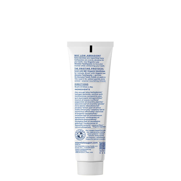 MHP Essential Oxygen Organic Low Abrasion Toothpaste 4 oz with fresh breath formula, dietary supplement for oral care.