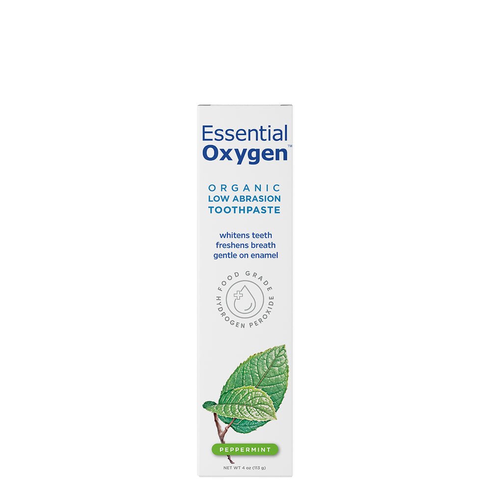 MHP Essential Oxygen Organic Low Abrasion Toothpaste 4 oz for fresh breath, shown in a white tube with green accents.
