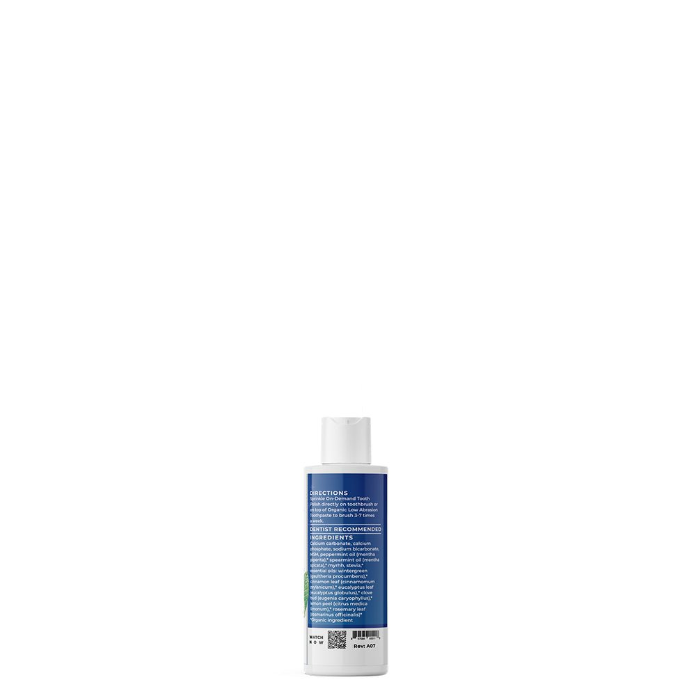 MHP Essential Oxygen Tooth Polish 2 oz dietary supplement for stain removal and fresh breath, shown in a jar with a scoop.